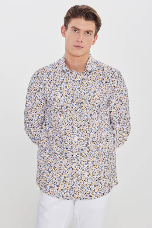 Pagta slim fit dar kesimli uly italýan ýakaly nagyşly ak-sary köýnek - 34175997