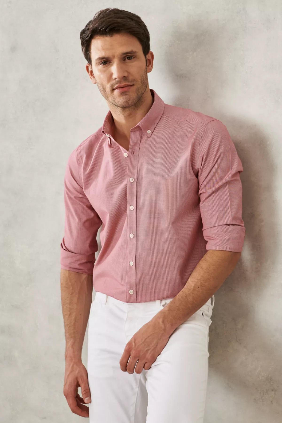 Slim Fit Dar Biçim Oxford Ilikli Ýaka Pötikareli Pagta Gyzyl Köýnek - 24653939 — surat 3/8