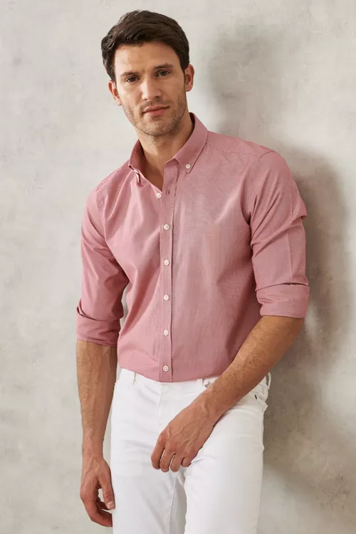 Slim Fit Dar Biçim Oxford Ilikli Ýaka Pötikareli Pagta Gyzyl Köýnek - 24653939 — surat 3/8
