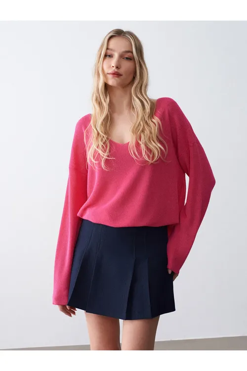 10869 V ýakaly dökülip duran switer - Fuksiýa - 34735545