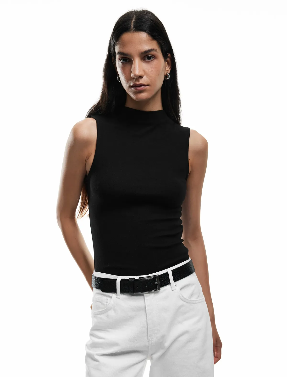 Modal garyşykly Slim Fit dik ýakaly uzyn kol futbolka - 36020094 — surat 1/8