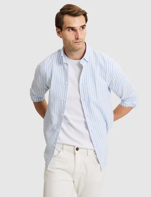 Gök Regular Fit zolakly uzyn ýeňli köýnek - 36716534