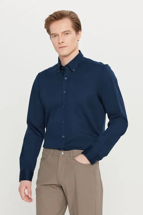 100% pagta slim fit dar biçüwli trikotaž goýy gök köýnek - 36716578