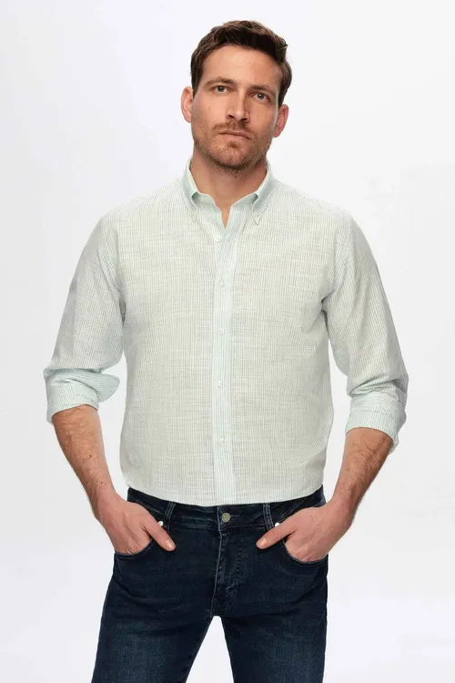 Slim Fit Ýaşyl Çyzykly Keten Görnüşli Köýnek - 18834209