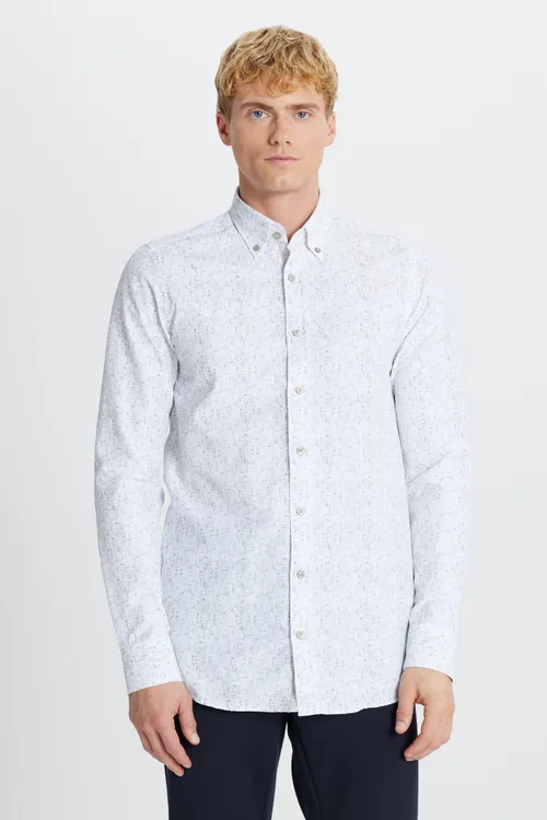 Pagta matadan, Slim Fit, ilikli ýakaly, suratly, ak-haki reňkli köýnek - 34084993