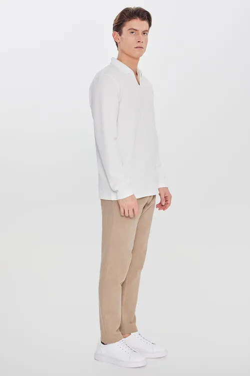 Zygyr matasyndan, Slim Fit dar biçüwli, beli baglamaly, gapdal jibili casual bež jalbar - 34084980