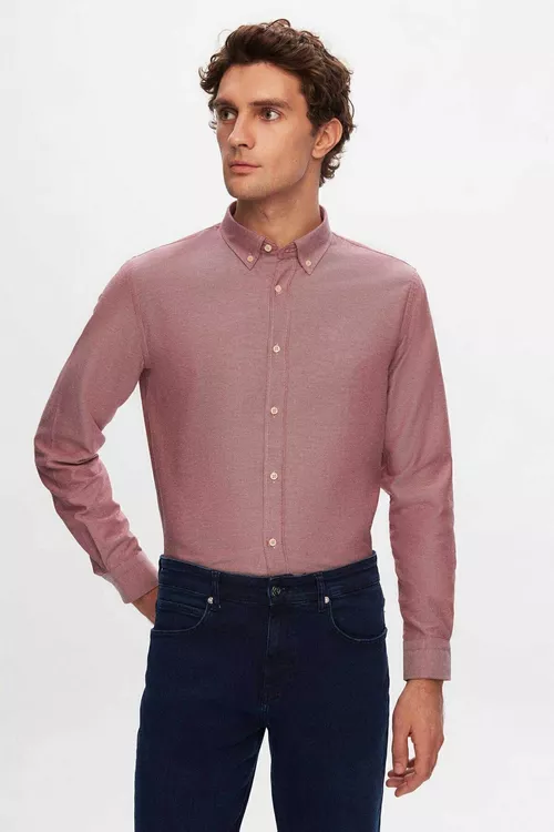 Bordo reňkli fakturaly Slim Fit köýnek - 13741887