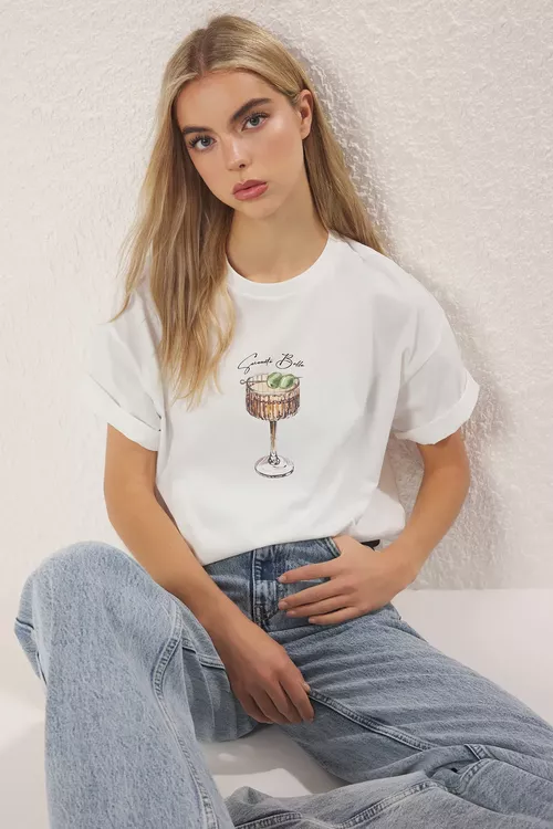 Ekru 100% pagta Oversize/giň kesim Coctail printli trikotaž futbolka TWOSS25TS00202 - 27413809
