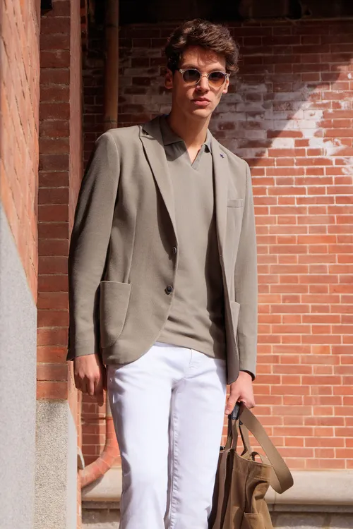 Slim fit dar kesim mono ýaka torba çepli armürlü blazer açyk goňur jeket - 36516447