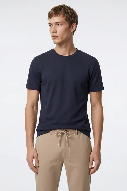 Slim Fit tegelek ýakaly goýy gök futbolka - 36516457