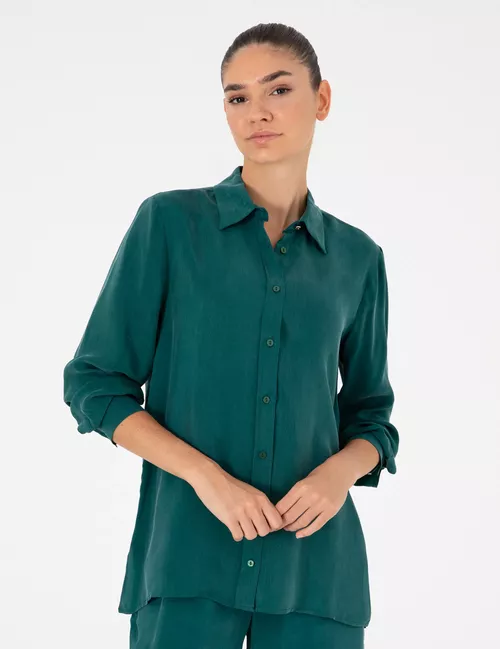 Comfort fit uzyn ýeňli goýy ýaşyl köýnek - 25657446
