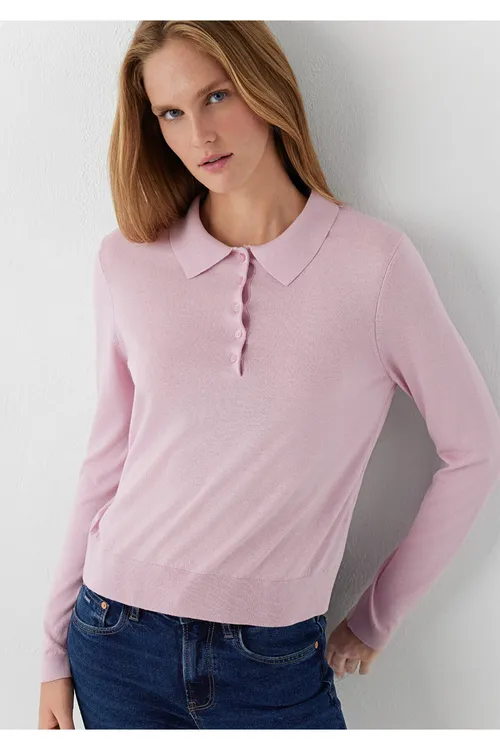 1710925-71008 gülgüne polo ýakaly trikotaž Slim Fit dar jemper - 36876945