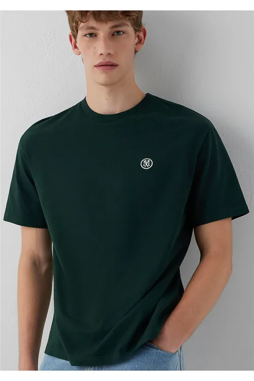 Keşdelenen logotipli ýaşyl ýönekeý köýnekçe Loose Fit / Giň amatly biçüw 067074-85173 - 36742072