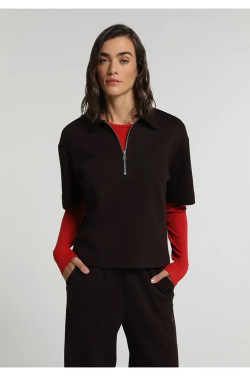 Aýallar üçin gysga ýeňli polo ýakaly ýönekeý melewşe futbolka Regular Fit - 36743683