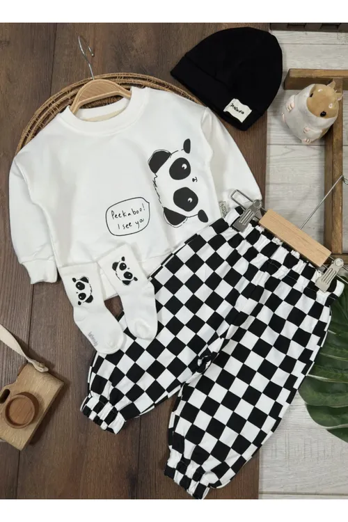 Oglan bäbek we çagalar üçin panda suratly, öýjükli balakly, joraply we papakly 4 bölekli möwsümleýin toplum - 36776163