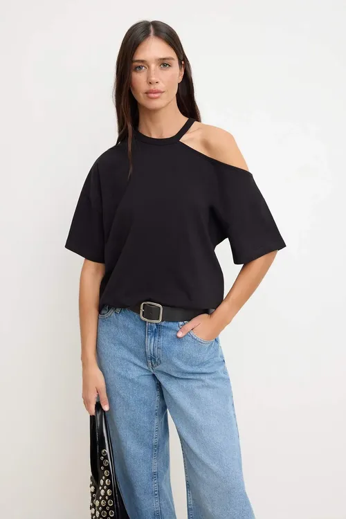 TWOSS26TS00204 gara göni oversize tegelek ýakaly pes ýeňli gysga 100% pagta trikotaž t-shirt - 34251531
