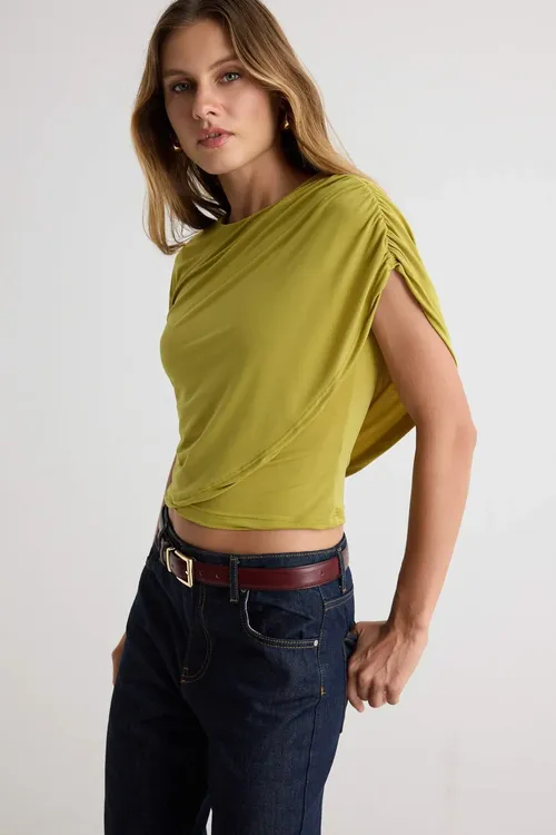 Ýag ýaşyl fitted/bedene oturýan pelerin jikme-jikli gysga ýeň çeýe örme bluz TWOAW27BZ00093 - 36021112