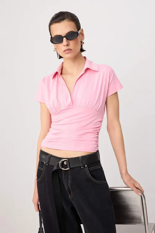 Meleçe düz fitted polo ýaka ýarasa ýeň gysga ýygrymly pagody çeýe örme bluz TWOSS26BZ00336 - 36021281
