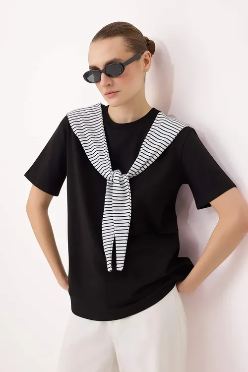 Gara reňkli, Oversize, gysga ýeňli, baglama detally, uzyn ýumşak trikotaž futbolka TWOSS26TS00269 - 34239640