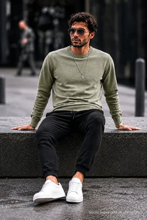 Erkekler üçin her günki Regular Fit trikotaž switer Haki - 36865158 — surat 3/6