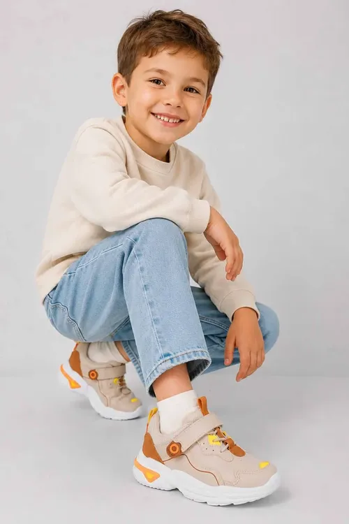 Çagalar üçin unisex sarymtyl-ak reňkli, ýelmeşýän bagjykly, galyň dabanly gündelik sport aýakgaby we ýörüş krossowkasy - 36859018