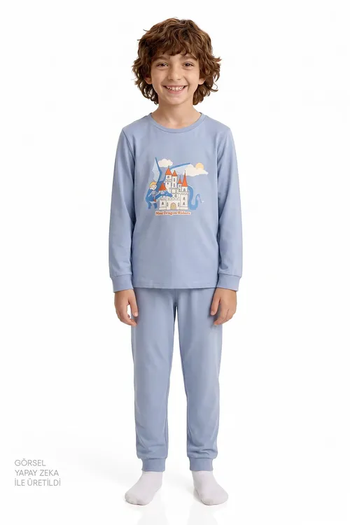 Oglanlar üçin gök reňkli Mini Dragon Riders pagtaly uzyn ýeňli 2 sany pijama toplumy - 36873741