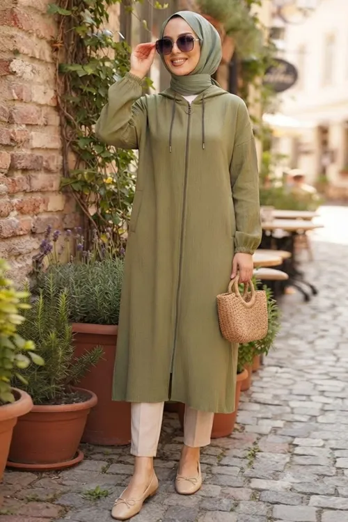 Kapýuşonly fermuarly haki çilek mata tesettür kap 15493HK - 36824757