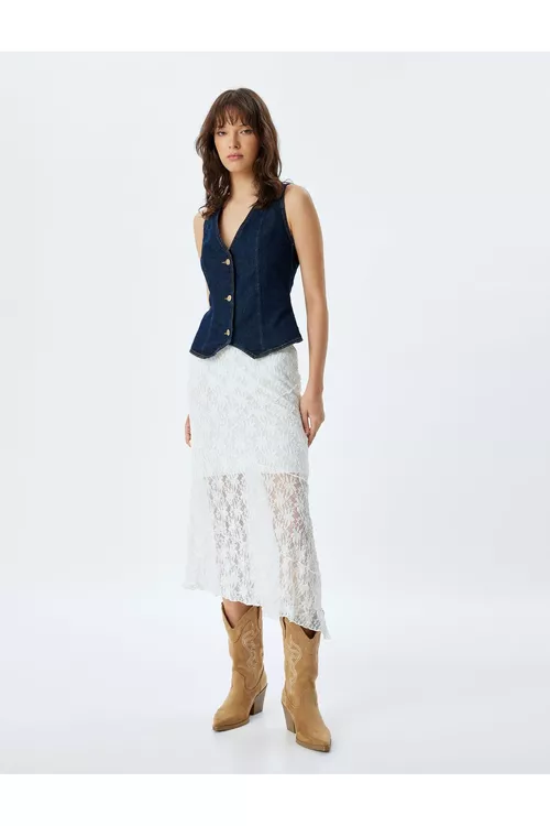 Midi boýly dantelli ýubka, asimmetrik ýarym astarly - 26712975