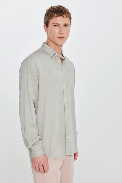 Comfort Fit rahat kesim gizlin düwme ýaka haki köýnek - 34267523