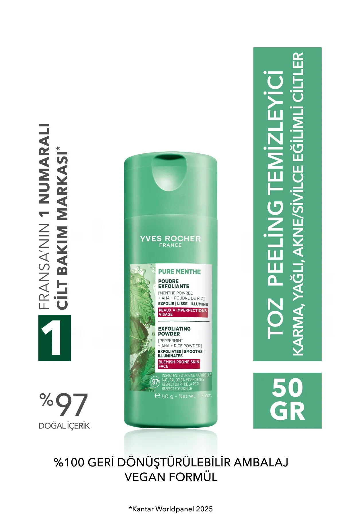 Toz peeling arassalaýjy AHA - Garyşyk/Ýagly/Düwürtikli deri - Pure Menthe arassalaýjy botanika kompleksi, 50 gr - 34812117 — surat 1/1