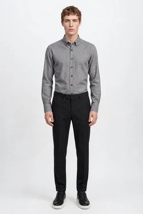Pagta Slim Fit dar biçüwli ýakasy ilikli diagonal nagyşly flanel çal köýnek - 36165237 — surat 2/5