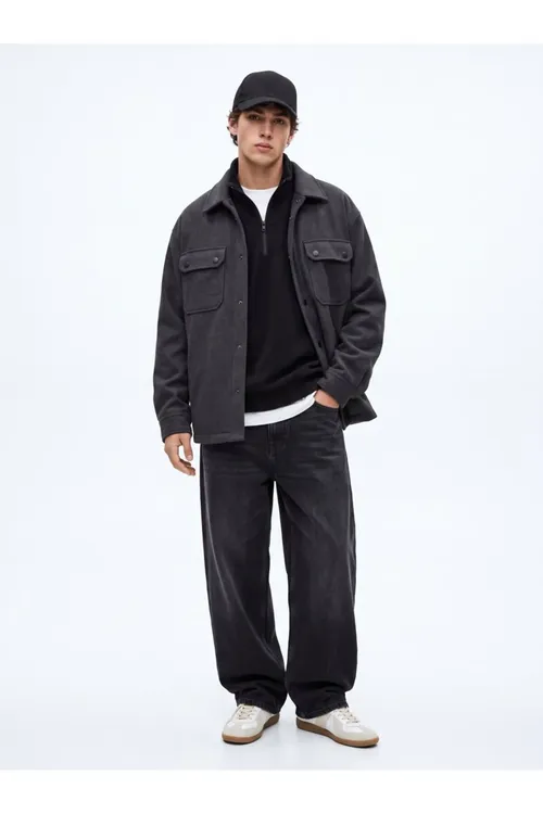 Regular Fit dik ýakaly flis gara switşot - 36891181