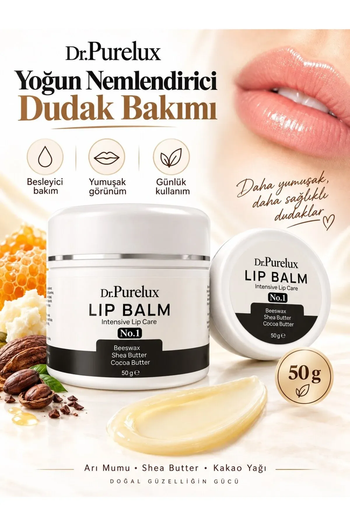 Şi ýagy, kakao ýagy we arylaryň mumy bolan dodak üçin güýçli çyglandyryjy balzam Lip Balm, 50 g - 36959835 — surat 3/6