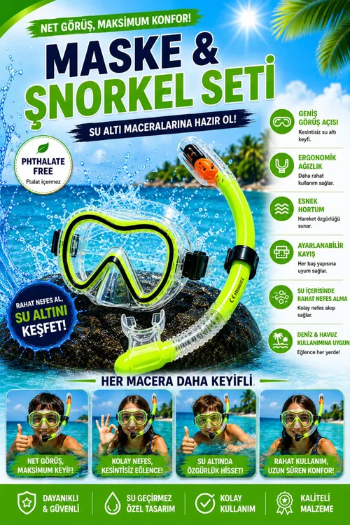 Maske We Şnorkel Seti Fosforly Sary/ Gara | Silikon Dalış Maskesi | Deňiz& Havuz Ulanylmagy - 37004761