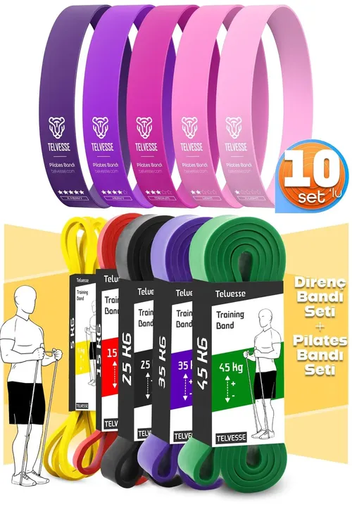 10 bölekden ybarat TERA SET 5+15+25+35+45 kg + 5 sany pilates garşylyk zolagy, turnik rezini, halka zolagy, gülgün öwüşginler - 36967909