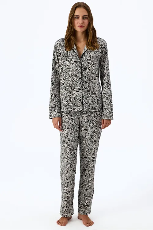 Ekru reňkli Noir Garden gaplaň nagyşly uzyn ýeňli köýnek we balak pijama toplumy - 36968737