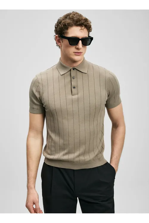 Bež erkek Slim Fit dar biçüwli zolakly polo futbolkasy BOLD - 36933259 — surat 3/5