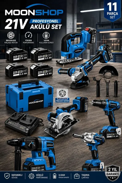 21V DX-1080 11 bölekli akkumulýatorly gural toplumy: şotkasyz motor, zarbly drel, perforator, lafet, gayka towlaýjy, tegelek pyçgy, lobzik, 5 akkumulýator - 36921507