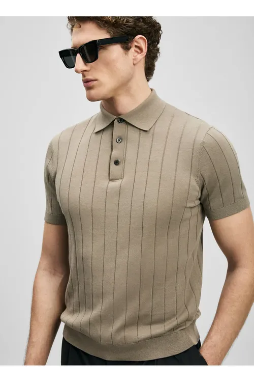 Bež erkek Slim Fit dar biçüwli zolakly polo futbolkasy BOLD - 36933259 — surat 4/5