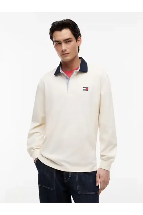 Logotipli erkekler üçin uzyn ýeňli polo t-shirt bež - 36955649