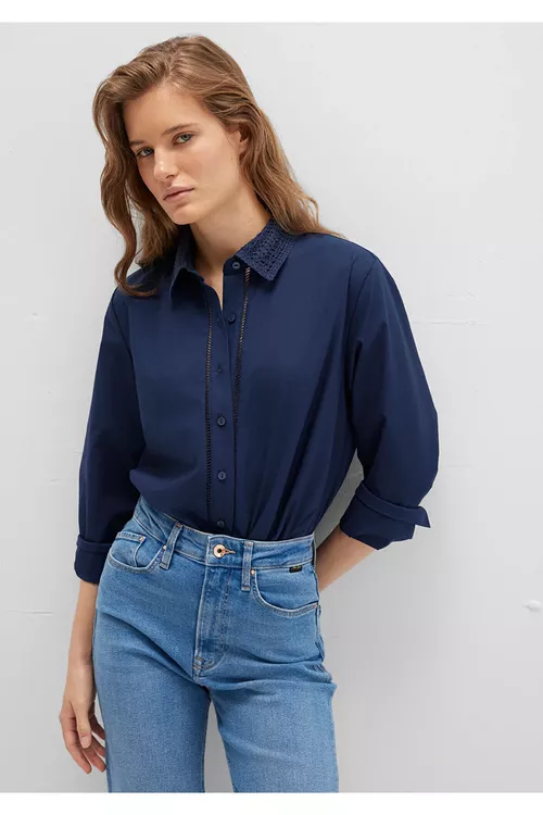 Keşdeli lentasy bolan goýy gök Regular Fit köýnegi - 29832542
