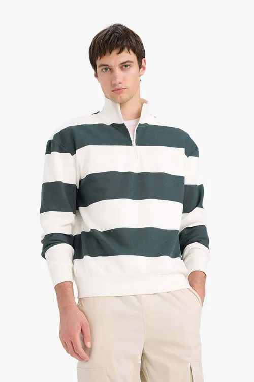 Boxy Fit dik ýakaly ýarym syrmaly çyzykly nebit reňkli erkek sweatshirt C7045AX/GN498 - 33988602
