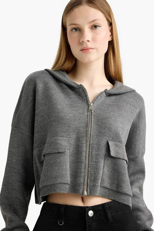 Regular Fit kapüşonly ýönekeý bir reňkli sypdyrmaly trikotaž jempir E2270AXNS - 33916915