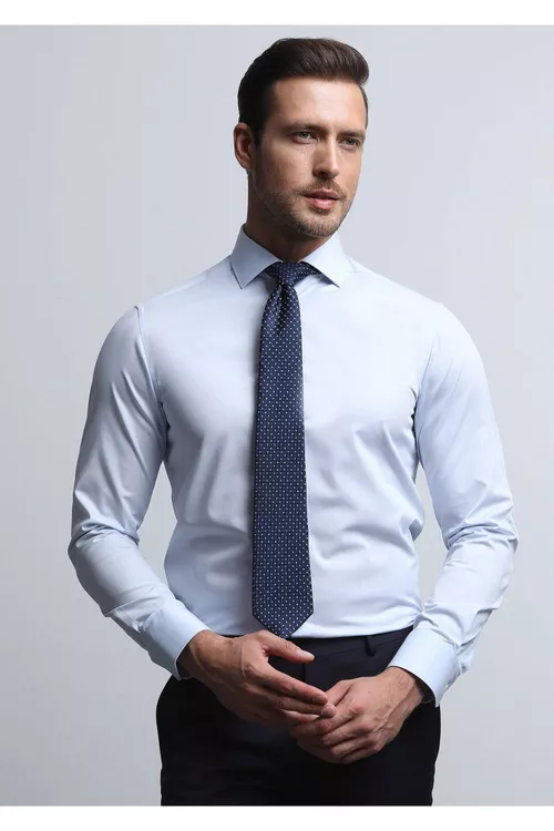Açyk Gök Tekiz Slim Fit Dokama Klassik Pagta Gatyşykly Köýnek - 11667727