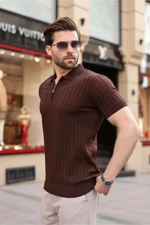 Goňur polo ýakaly Slim Fit triko erkek adam futbolkasy E7465 - 34182636