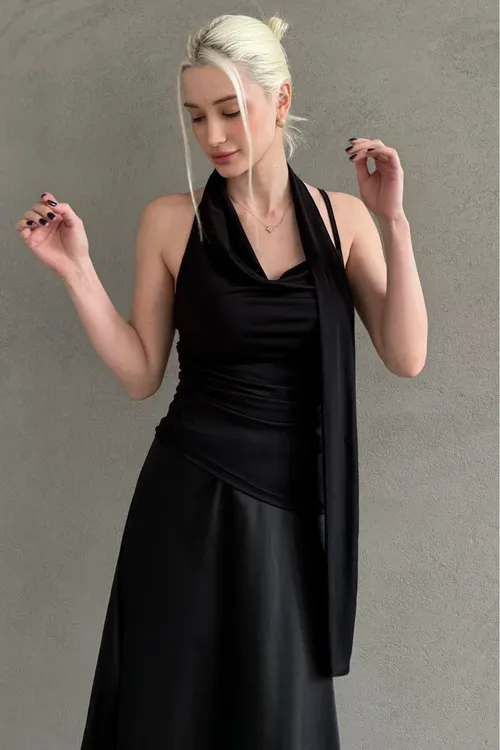Gara degaje ýakaly şarfly naşy gyz-gelin bluzkasy MG2650 - 34182398