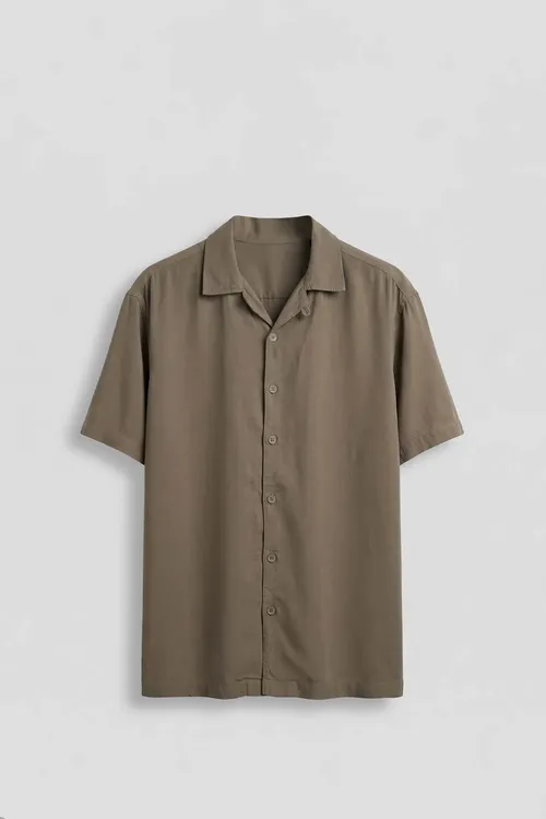 Erkekler üçin Relaxed Fit açyk ýaka gysga gollar Tencel köýnek haki - 36345531