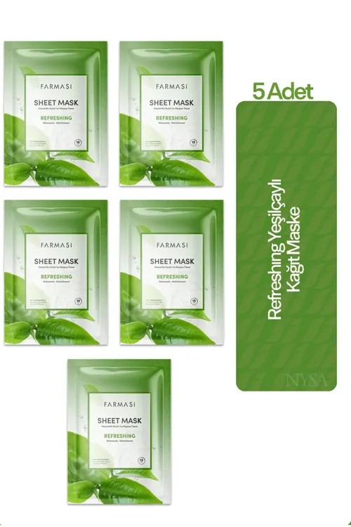 Ýaşyl çaý ekstraktly çyglandyryjy we ýagtylandyryjy 5-li kagyz ýüz maskasy 140g - 36226446