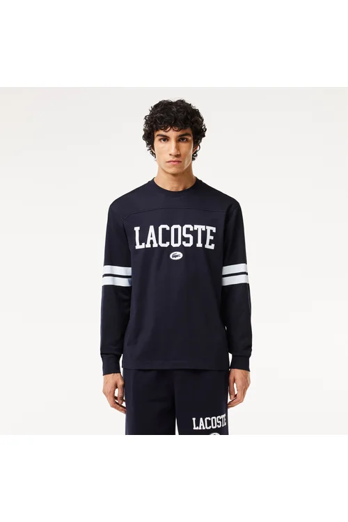 Lacoste erkek Classic Fit uzyn ýeňli tegelek ýaka printli gara futbolka - 36483172