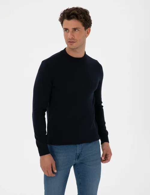 Ýarym belent ýakaly Slim Fit goýy mawy sada jemper - 28854473
